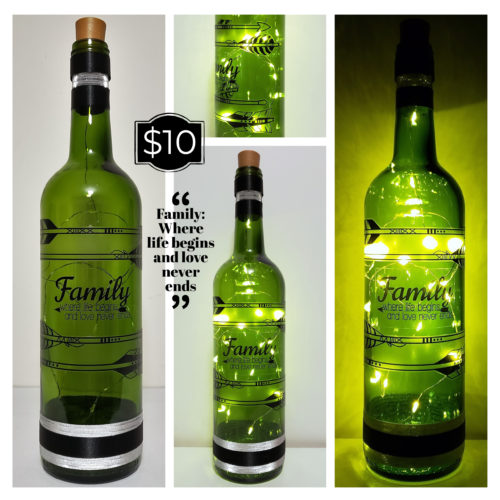 Photo grid of a bottle light with the phrase, Family: Where life begins and love never ends.