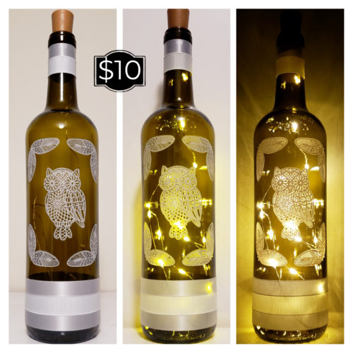 Photo grid of a bottle light with a lace owl and feathers