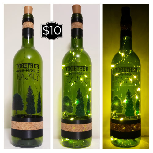 Photo grid of a bottle light with "Together we make a family" and trees.