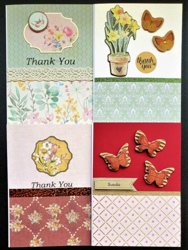 Four pack of thank you cards with traditional colours with flowers and butterflies.