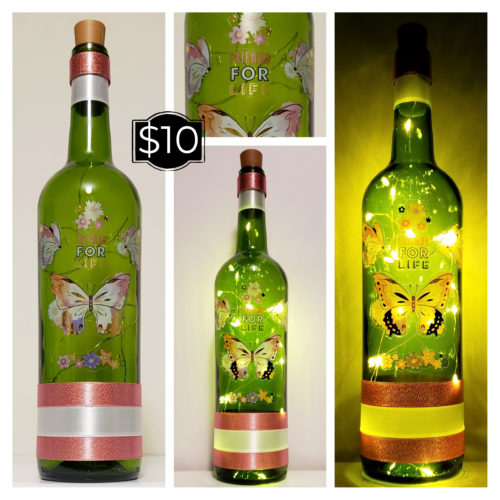 Photo grid of a bottle light with watercolour-style butterflies and "Friends for life".