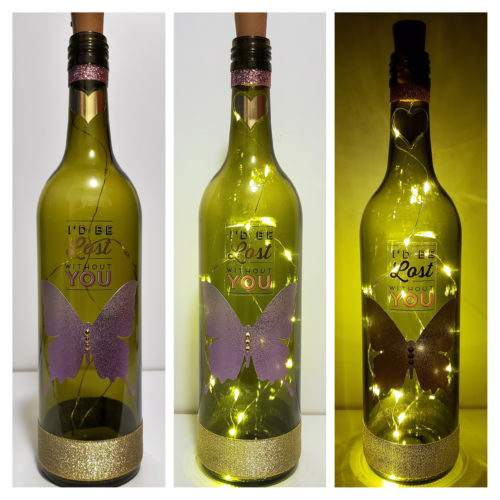 Photo grid of a bottle light with "I'd be lost without you" and a large butterfly.