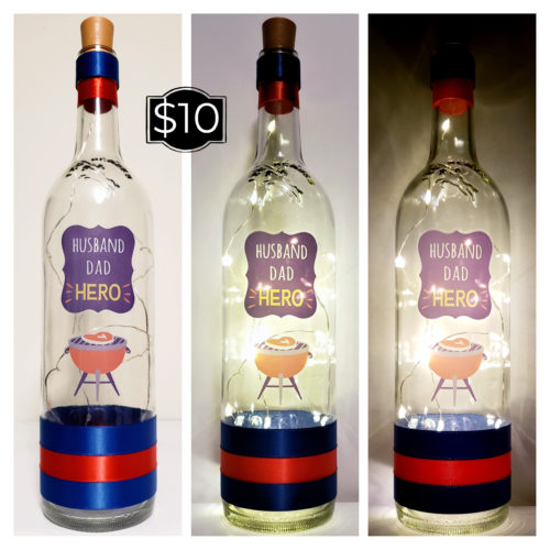 Photo grid of a Father's Day bottle light with "Husband, Dad, Hero" and a BBQ/.