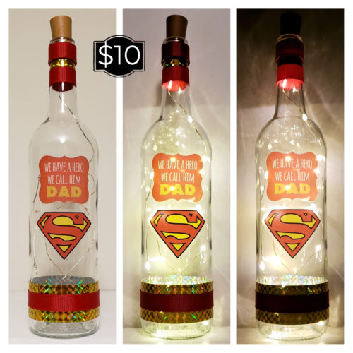 Photo grid of a bottle light featuring Superman logo and "We have a hero, we call him dad".