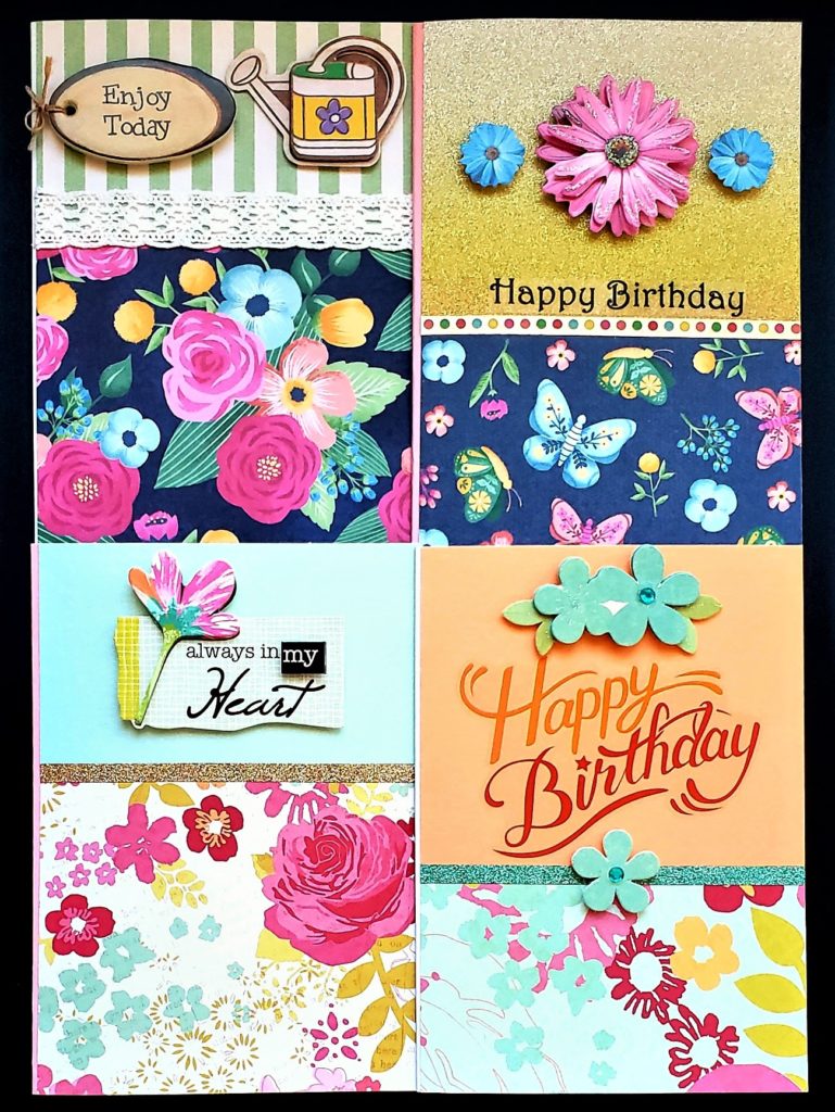 Four pack of two birthday and two multi use cards in bright florals.