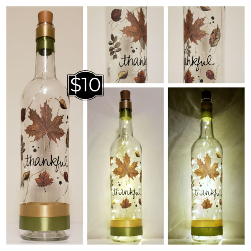 Photo grid of a bottle light with "thankful" in the centre, surrounded by fall leaves.