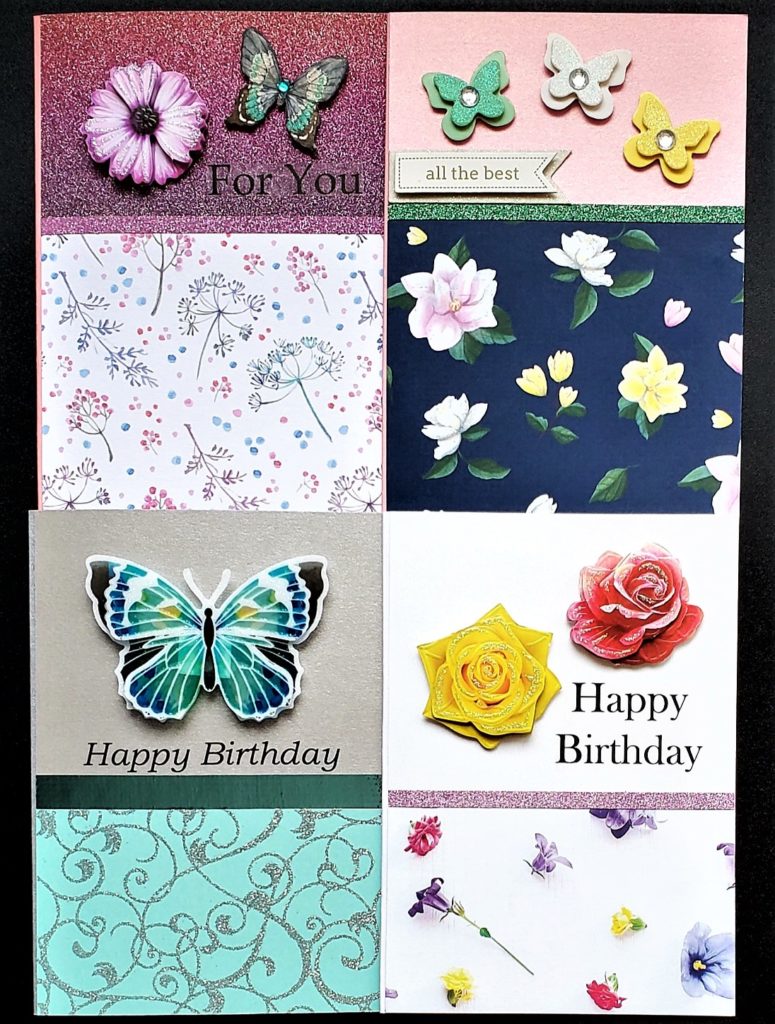 Four pack of birthday and mixed use cards with floral prints and decorated with butterflies and flowers.