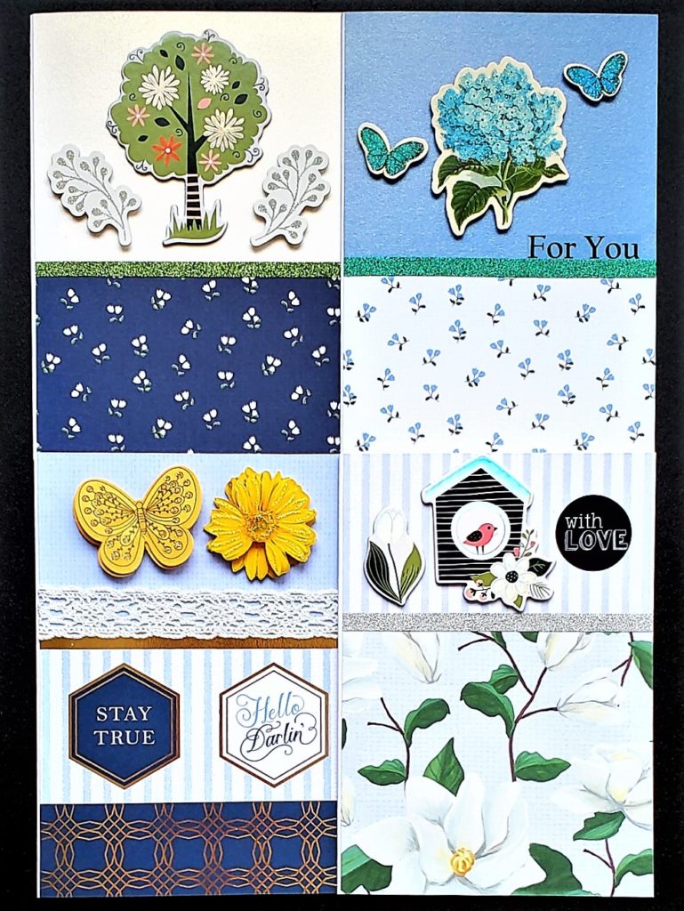 Four pack of multipurpose cards in navy and blue floral prints with touches of white for a stark contrast.