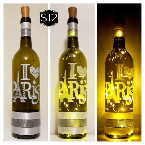 Photo grid of a bottle light featuring the phrase, "I love Paris", with the Eiffel Tower making the letter "A" in Paris.