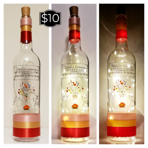 Photo grid of a bottle light featuring the phrase, "A mother is someone who can take the place of all others but whose place no one else can take" and a floral bouquet.