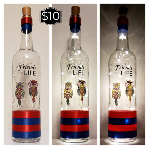 Photo grid of a bottle light featuring two owls and the phrase, "Friends for Life".