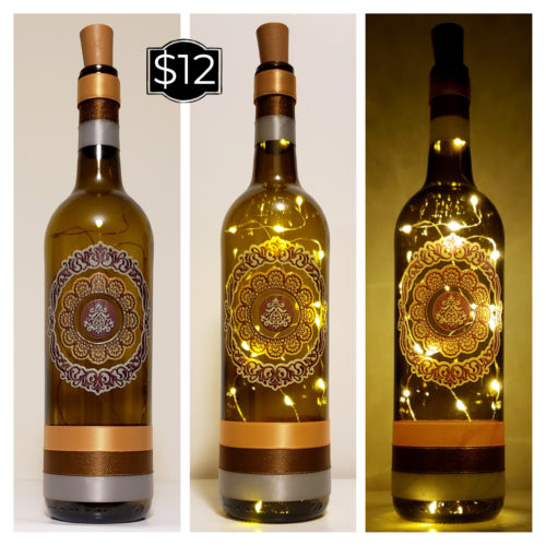 Photo grid of a bottle light featuring a mandala with several layers in gold, brown and grey.